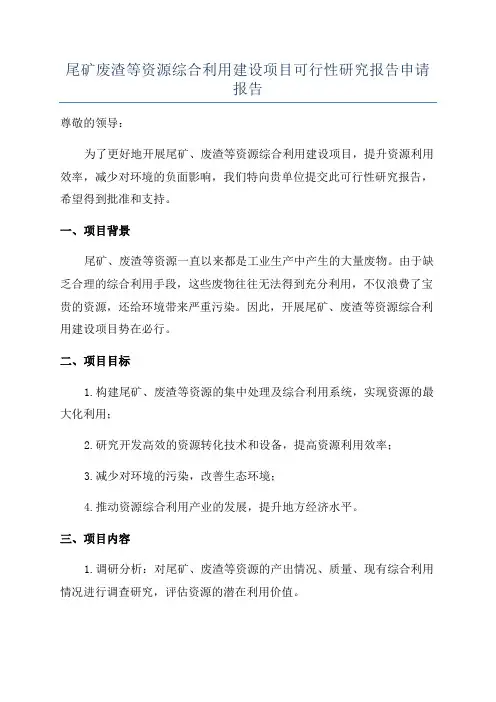 尾矿废渣等资源综合利用建设项目可行性研究报告申请报告