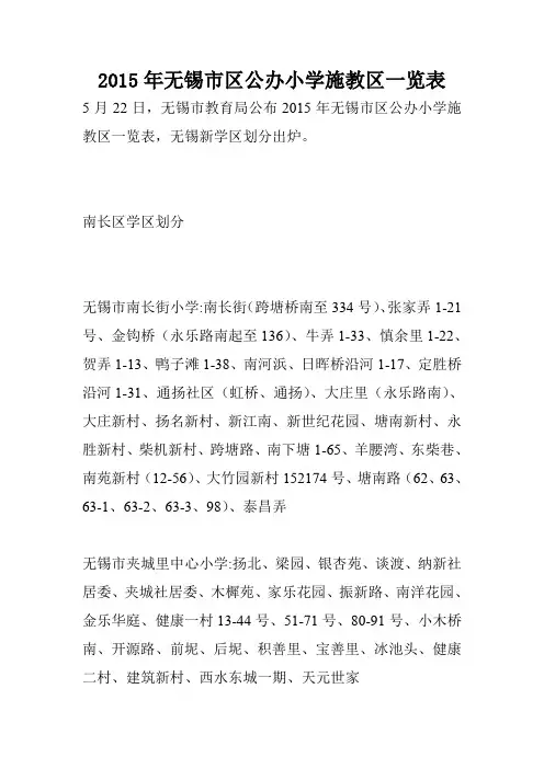 2015年无锡市区公办小学施教区一览表