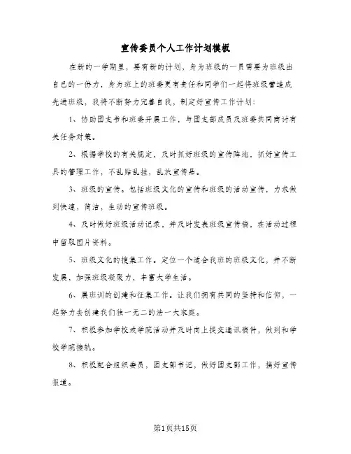 宣传委员个人工作计划模板(8篇)