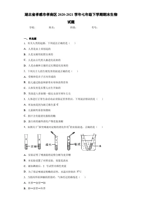 湖北省孝感市孝南区2020-2021学年七年级下学期期末生物试题