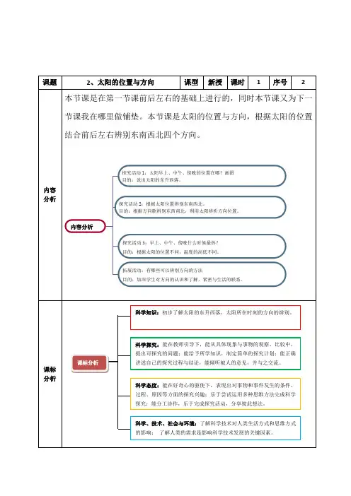 二年级下册科学教案    第一单元《2.太阳的位置与方向》   青岛版