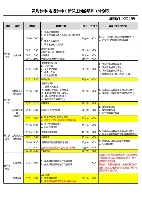 (新员工岗前培训)培训计划表