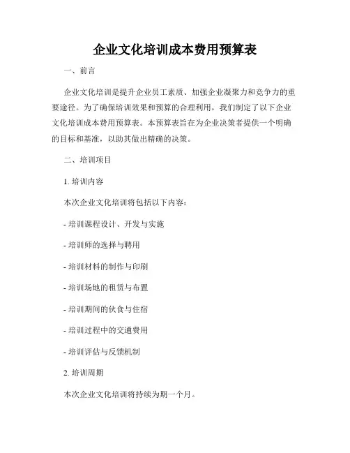 企业文化培训成本费用预算表