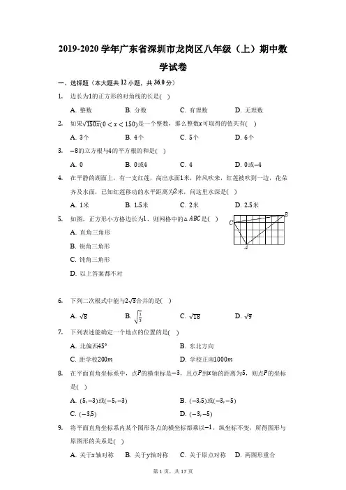 2019-2020学年广东省深圳市龙岗区八年级(上)期中数学试卷(附答案详解)