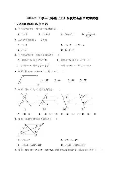 新课标人教版2018-2019学年七年级(上)名校联考期中数学试卷附答案