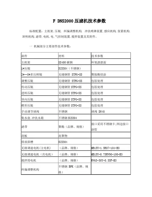 压滤机技术参数