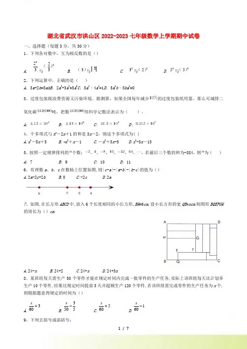 湖北省武汉市洪山区2022-2023七年级数学上学期期中试卷