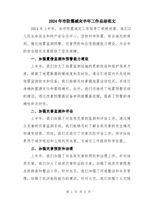 2024年市防震减灾半年工作总结范文