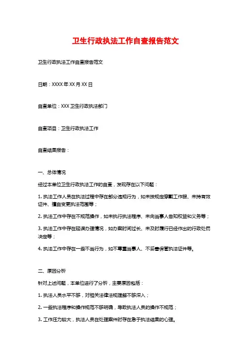 卫生行政执法工作自查报告范文