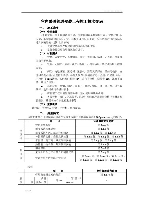 室内采暖管道安装工程施工技术交底