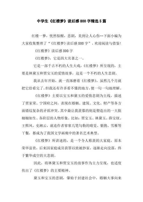 新整理中学生《红楼梦》读后感800字精选5篇