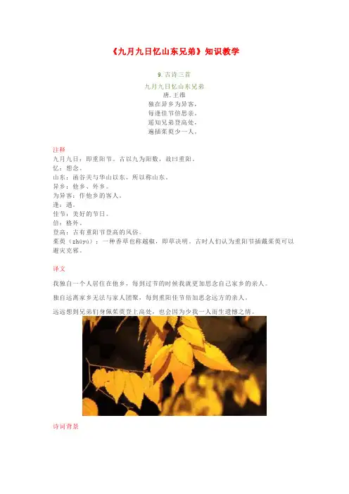 2020三年级语文下册 第三单元 9 古诗三首《九月九日忆山东兄弟》知识教学 新人教版