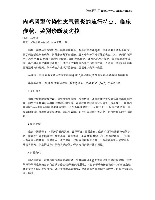 肉鸡肾型传染性支气管炎的流行特点、临床症状、鉴别诊断及防控