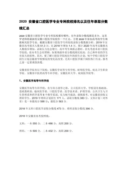 2020安徽省口腔医学专业专科院校排名以及往年录取分数线汇总
