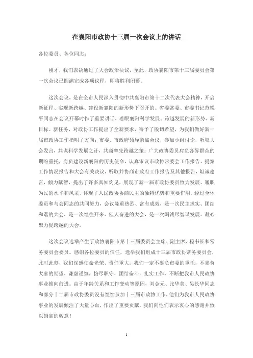 在襄阳市政协十三届一次会议上的讲话