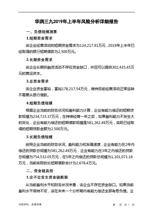 华润三九2019年上半年财务风险分析详细报告