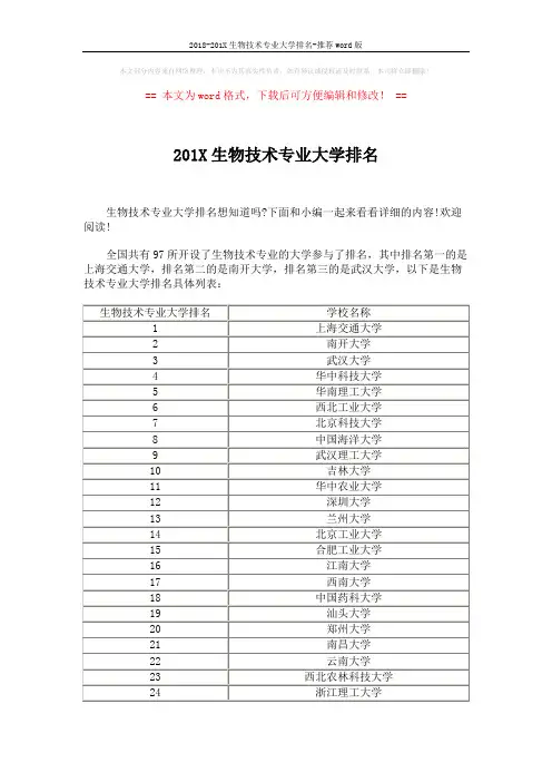 2018-201X生物技术专业大学排名-推荐word版 (4页)