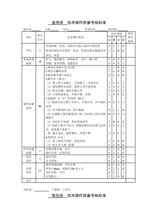 备用床 技术操作质量考核标准