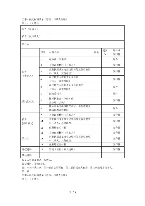 当事人提交材料清单(原告、申请人用版)