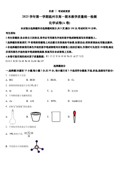 2023-2024学年浙江省温州市高一上学期期末考试化学试卷(A卷)含详解
