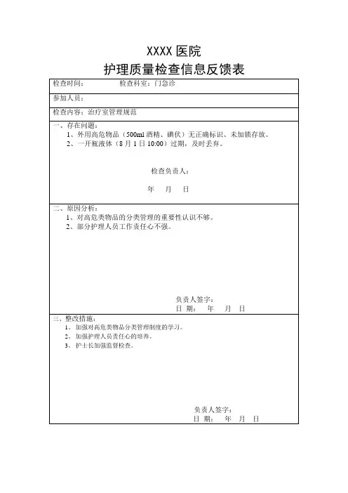 护理质量检查信息反馈表