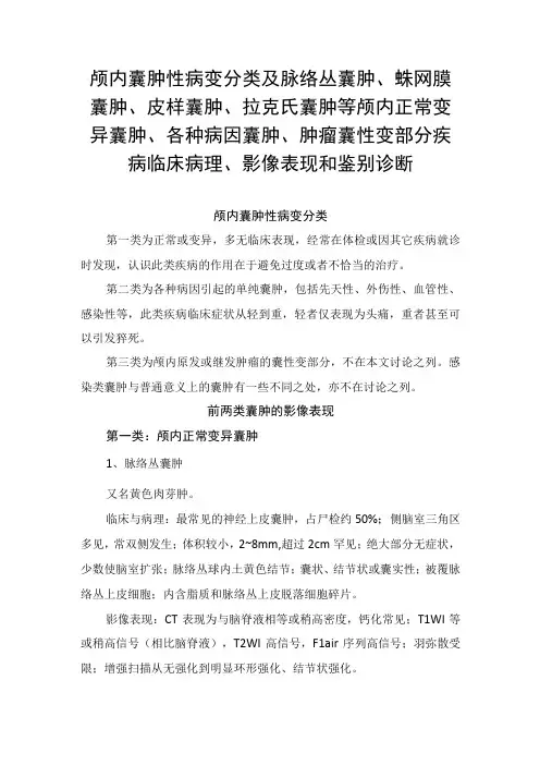 颅内囊肿性病变分类及脉络丛囊肿、蛛网膜囊肿、皮样囊肿、拉克氏囊肿等颅内正常变异囊肿、各种病因囊肿、肿