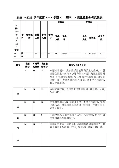 三年级数学期末测试质量分析反馈表-