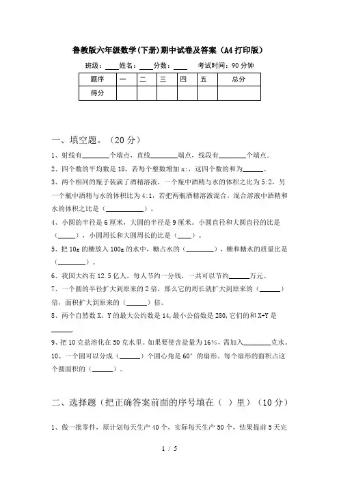 鲁教版六年级数学(下册)期中试卷及答案(A4打印版)