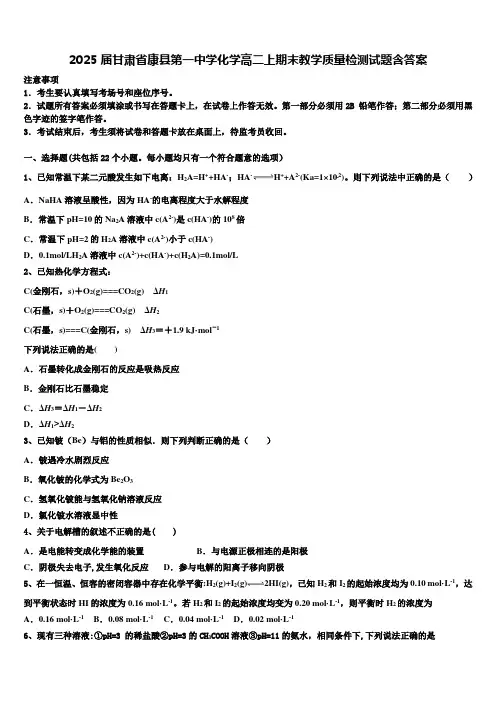2025届甘肃省康县第一中学化学高二上期末教学质量检测试题含答案