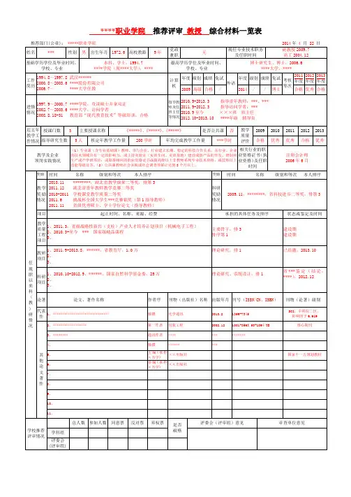 职业学院推荐评审教授综合材料一览表