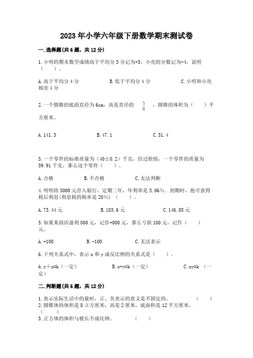 2023年小学六年级下册数学期末测试卷含答案(完整版)