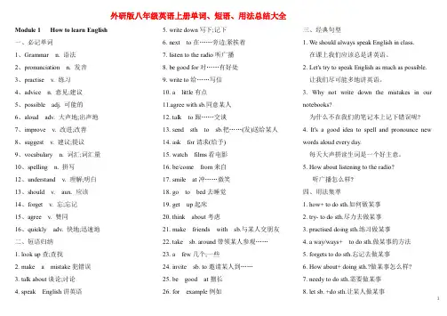 外研版八年级英语上册单词、短语、用法总结大全