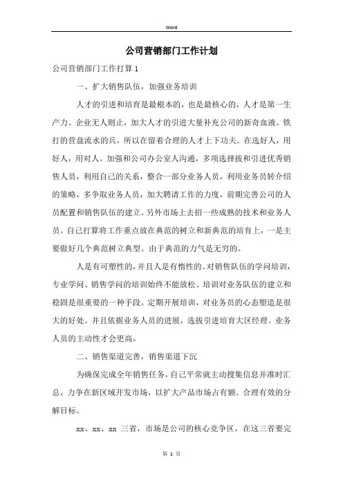 公司营销部门工作计划