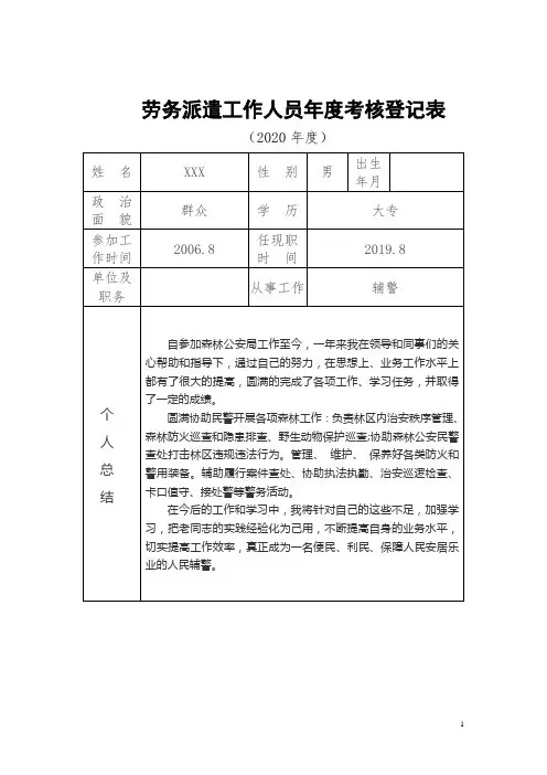 劳务派遣工作人员年度考核登记表