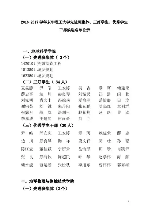 2016-2017学年东华理工大学先进班集体、三好学生、优秀学生