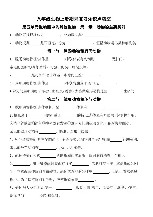 2024年人教版生物八年级上册期末复习知识点填空