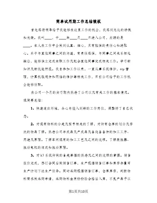 简单试用期工作总结模板（5篇）