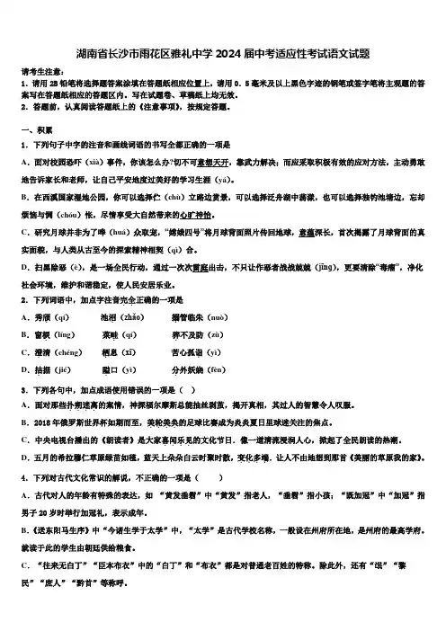 湖南省长沙市雨花区雅礼中学2024届中考适应性考试语文试题含解析