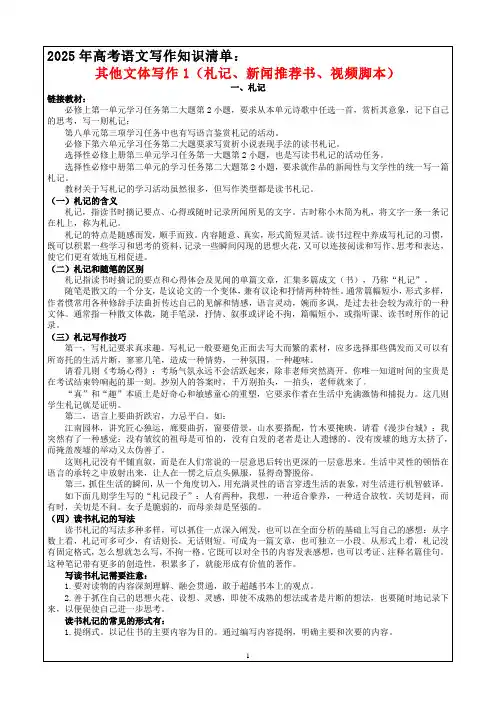 2025年高考语文写作知识清单：其他文体写作1(札记、新闻推荐书、视频脚本)