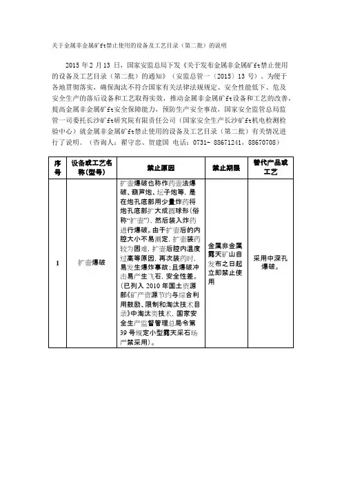 《关于发布金属非金属矿山禁止使用的设备及工艺目录(第二批)的通知》(安监总管一〔2015〕13号)(