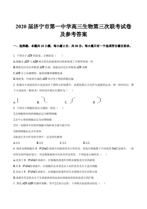 2020届济宁市第一中学高三生物第三次联考试卷及参考答案