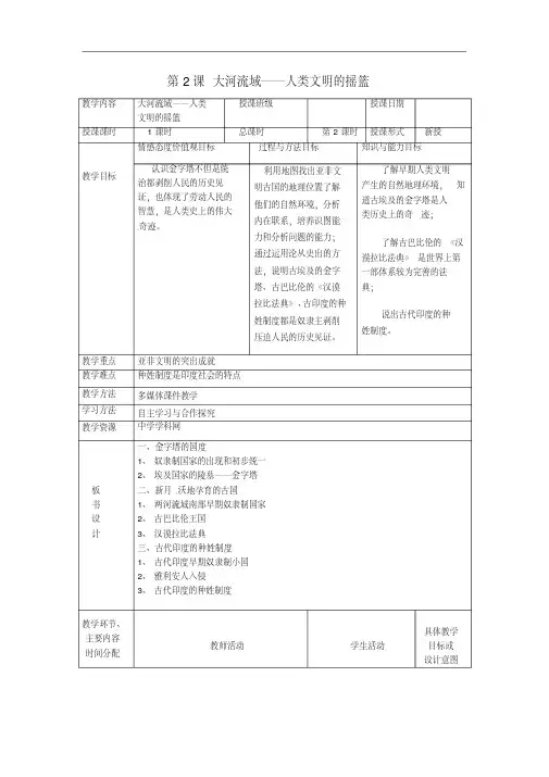 人教版九年级历史上册：第2课《大河流域──人类文明的摇篮》教案