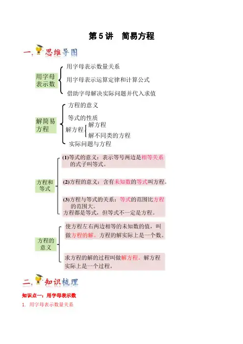 第5讲-简易方程(学生版)(知识梳理+典例分析+举一反三+巩固提升)人教版