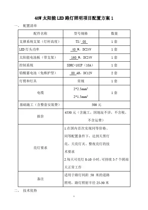 40W太阳能LED路灯配置方案1