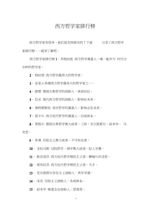 西方哲学家排行榜