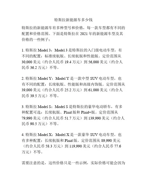特斯拉新能源车多少钱