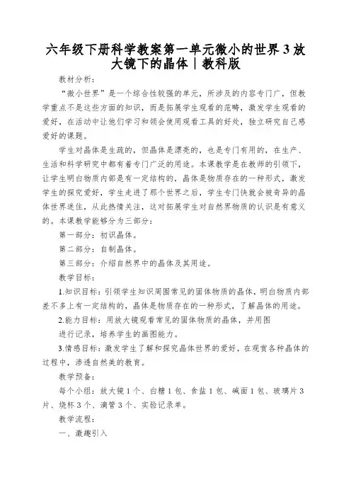 六年级下册科学教案第一单元微小的世界3放大镜下的晶体∣教科版