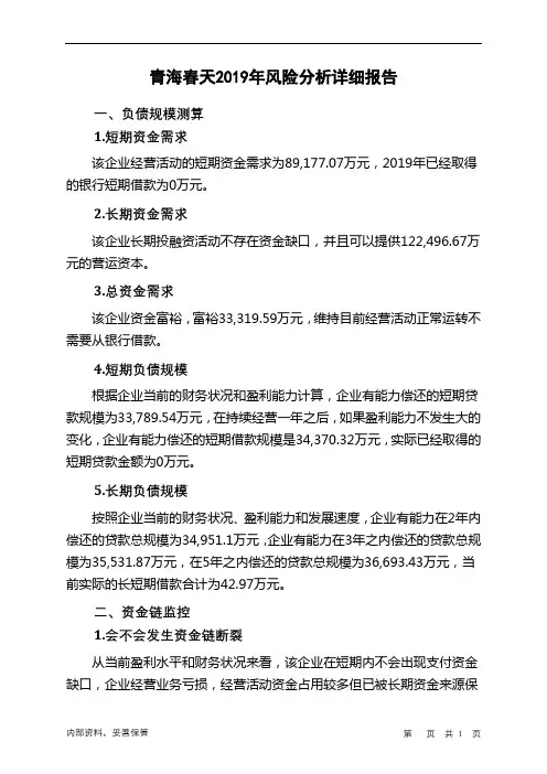 青海春天2019年财务风险分析详细报告