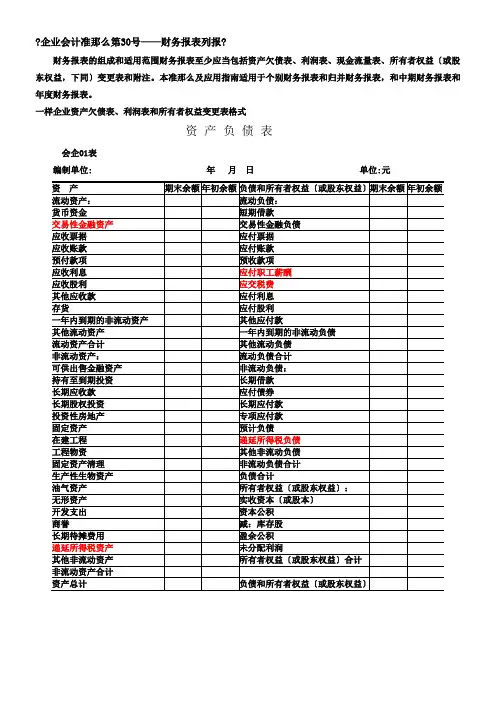 财务报表标准格式完整版