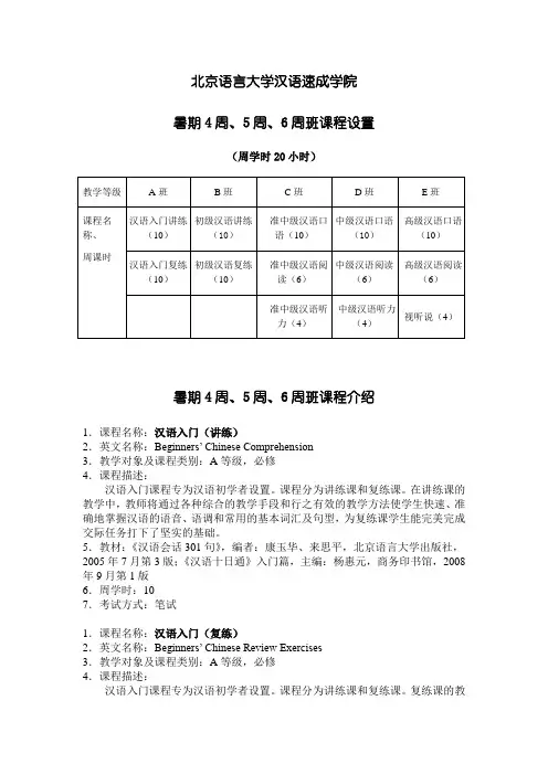 短期强化系4周、5周班课程简介-北京语言大学汉语速成学院